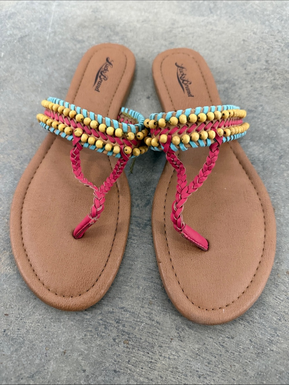 Lucky Brand Pink Braided Beaded Thong Sandals with Turquoise and Yellow Accents